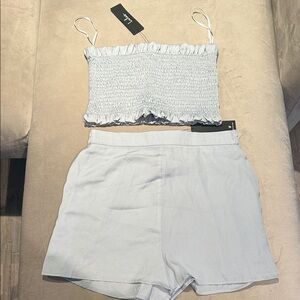 Lulus Dusty Blue Satin Tube Top and High-Waisted Shorts